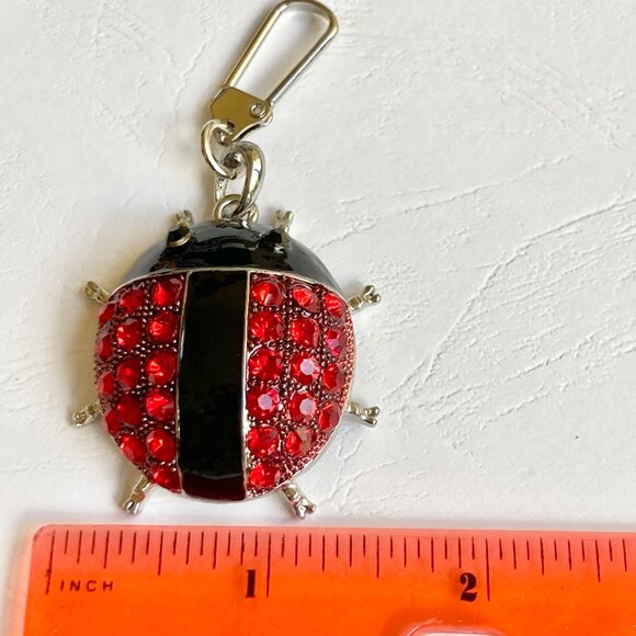 Red Ladybug Keychain Zipper Pull Purse Enamel Charm Backpack Crystal Silver Tone - Picture 8 of 9